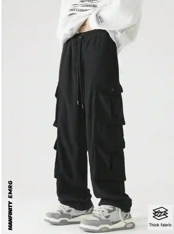 Manfinity EMRG Men's Loose Fit Flap Pockets Drawstring Waist Cargo Pants, Plain Long Vacation Straight Leg Plain Black Pants, For Husband, Boyfriend Gifts