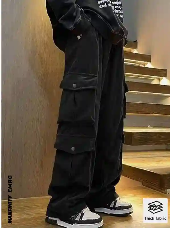 Manfinity EMRG Men's Loose Fit Flap Pockets Drawstring Waist Cargo Pants, Plain Long Vacation Straight Leg Plain Black Pants, For Husband, Boyfriend Gifts