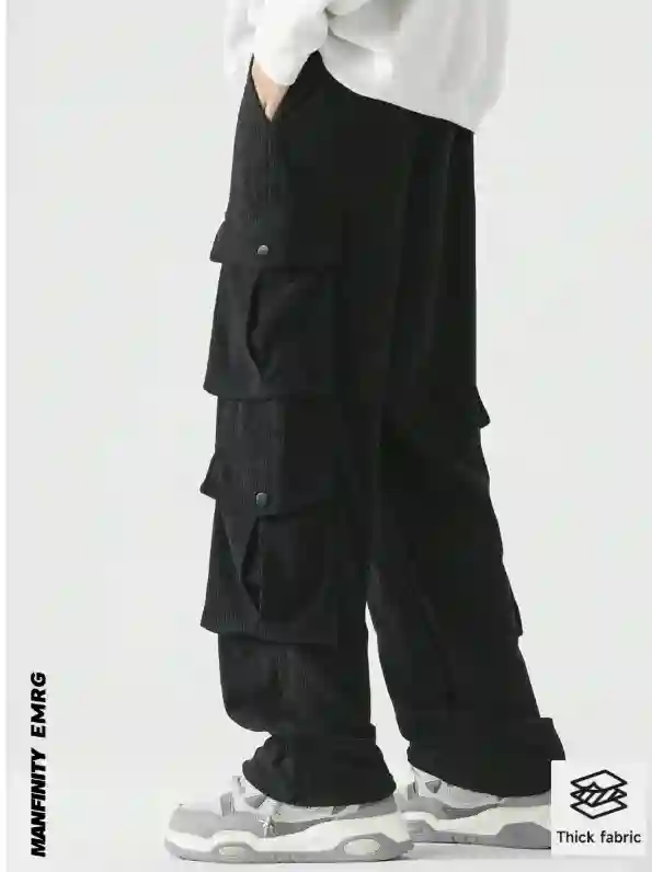 Manfinity EMRG Men's Loose Fit Flap Pockets Drawstring Waist Cargo Pants, Plain Long Vacation Straight Leg Plain Black Pants, For Husband, Boyfriend Gifts