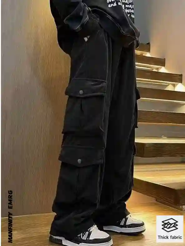 Manfinity EMRG Men's Loose Fit Flap Pockets Drawstring Waist Cargo Pants, Plain Long Vacation Straight Leg Plain Black Pants, For Husband, Boyfriend Gifts